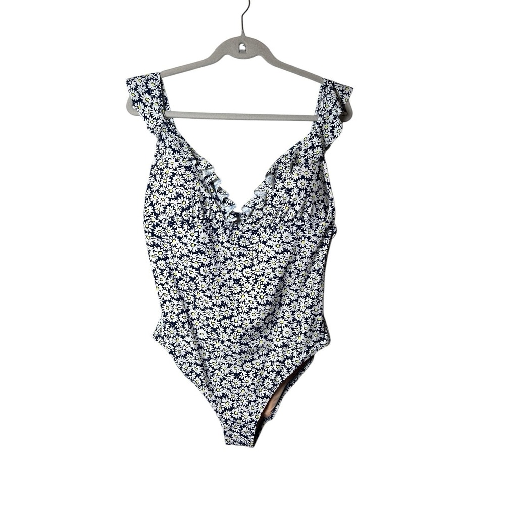 J. Crew Women's XL Daisy Floral One Piece Swimsuit Ruffle V Neck Navy - Picture 5 of 9